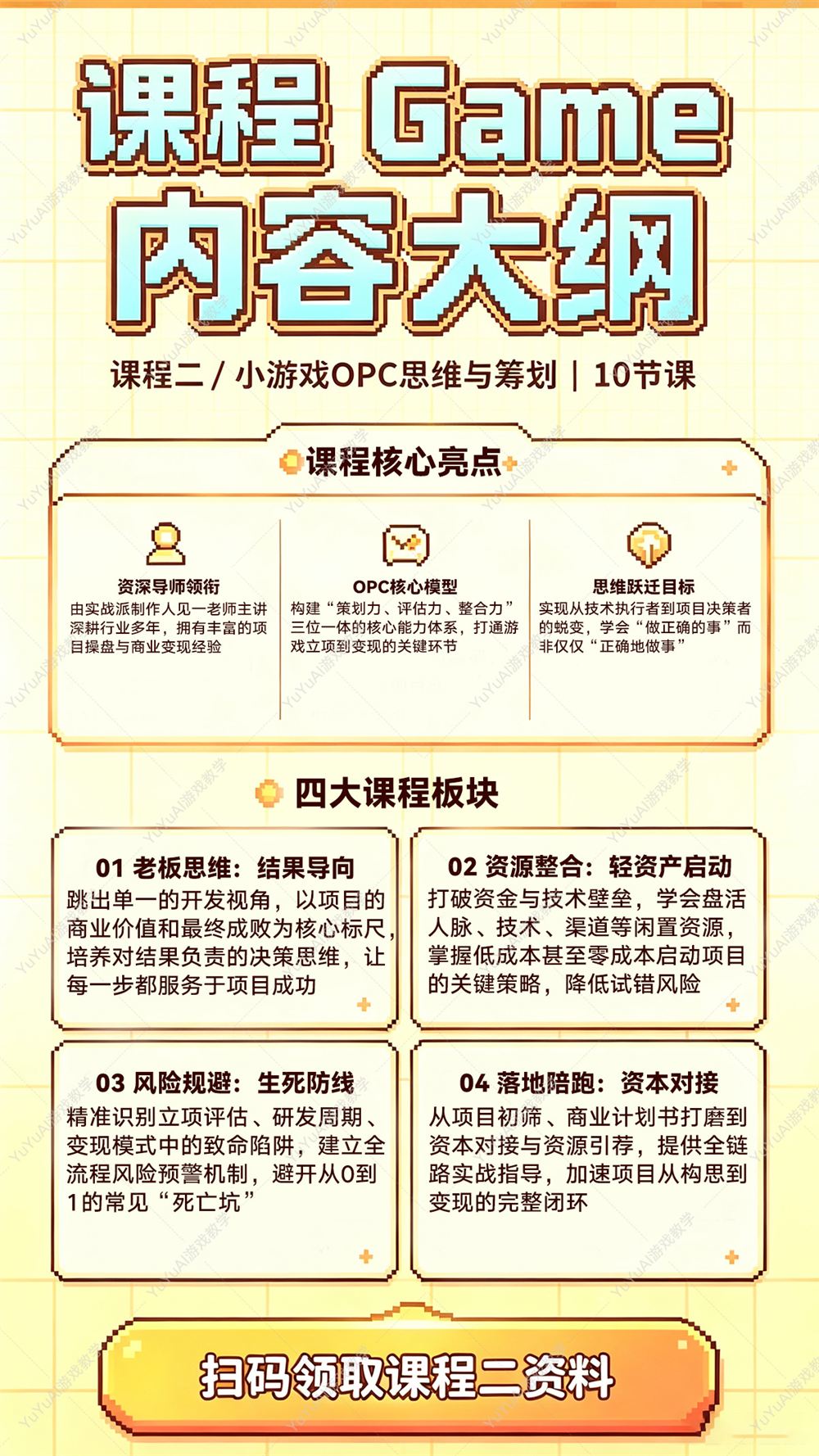课程长图海报第 7 张：课程二小游戏 OPC 思维与筹划内容大纲，10 节课